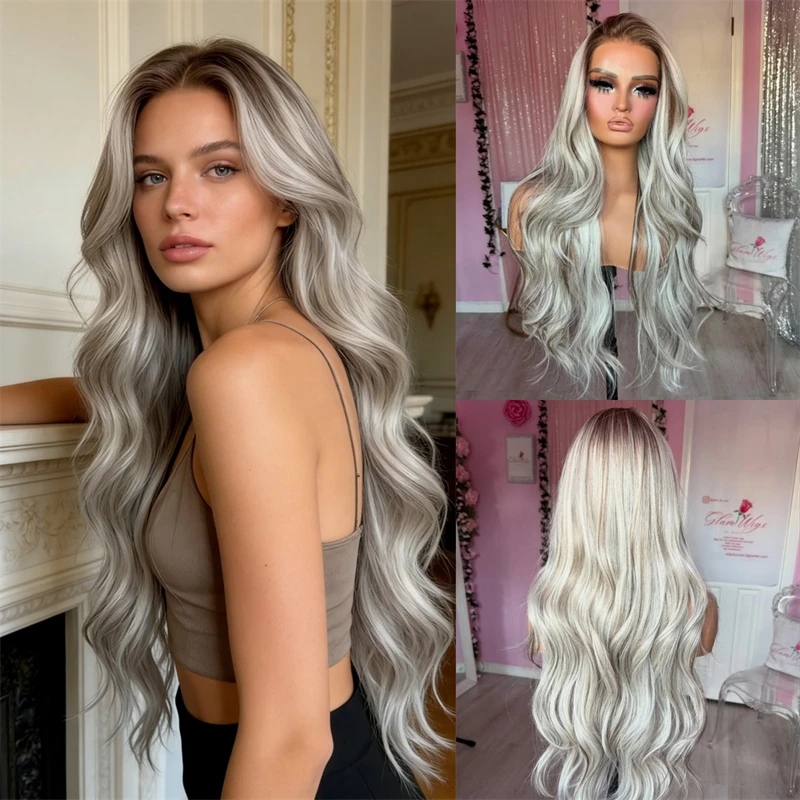 

Высококачественный синтетический парик 13x4 Ombre Ash Grey Blonde Highlights с HD-кружевной передней частью, имитирующий натуральные волосы, с предварительно проработанной линией роста волос, 28 дюймов