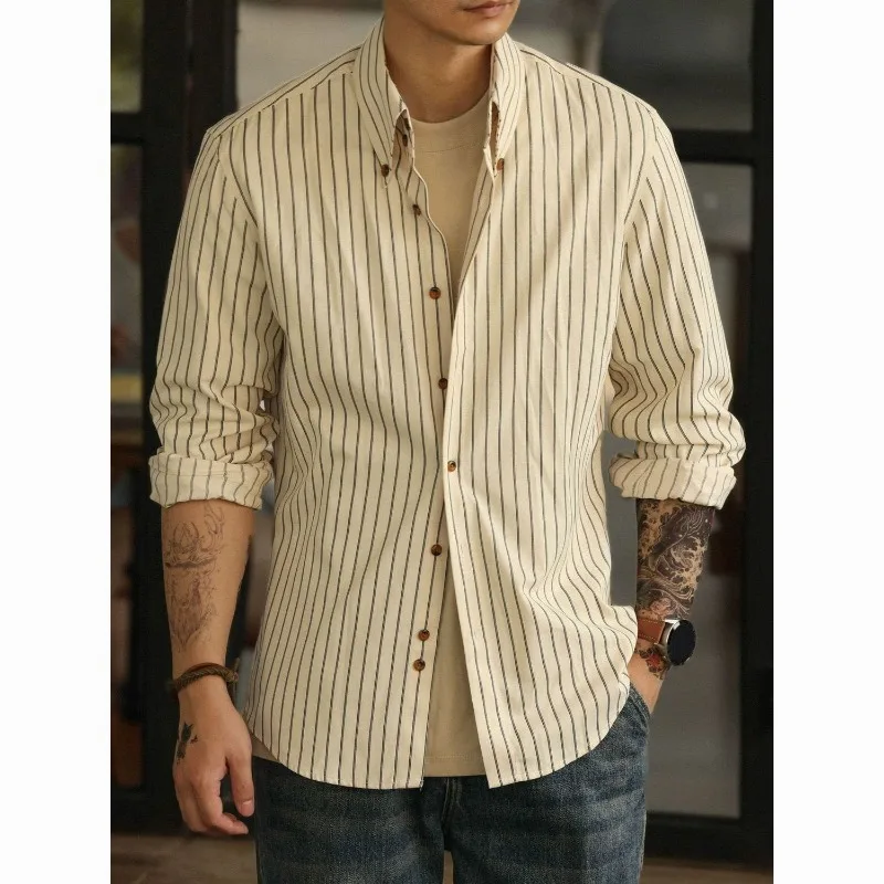 قميص فرنسي مخطط بأكمام طويلة مع ياقة مدببة للخريف قميص رجالي جديد عصري غير رسمي خالي من الحديد بقصة ضيقة ومتعدد الاستخدامات #3