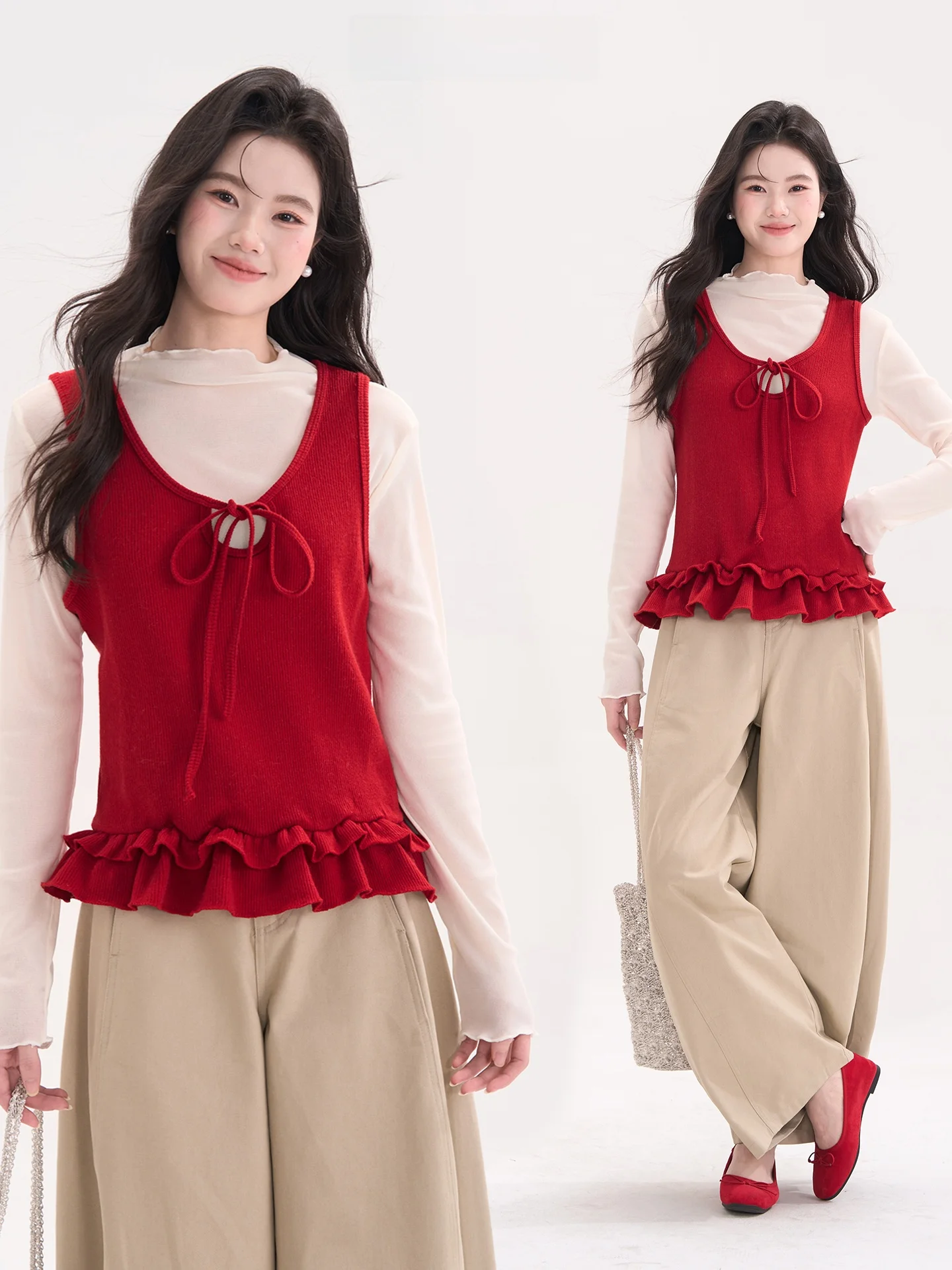 

Heme Sweet eeting Lace Trim Vest Women's Base Layer T-irt Two-Piece Set Breathable Skin-Friendly Nylon Spring Loose Fit