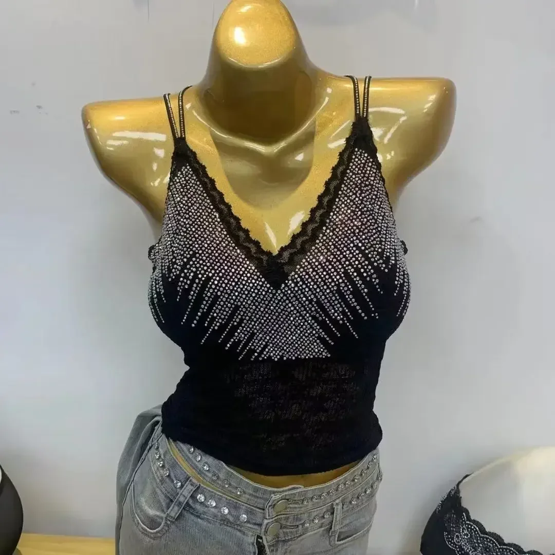 

V Neck Lace Camis Women Rhinestones Lace Tank Tops Women Padded Sport Tops Sexy Bling Bling Rhinestones Vest