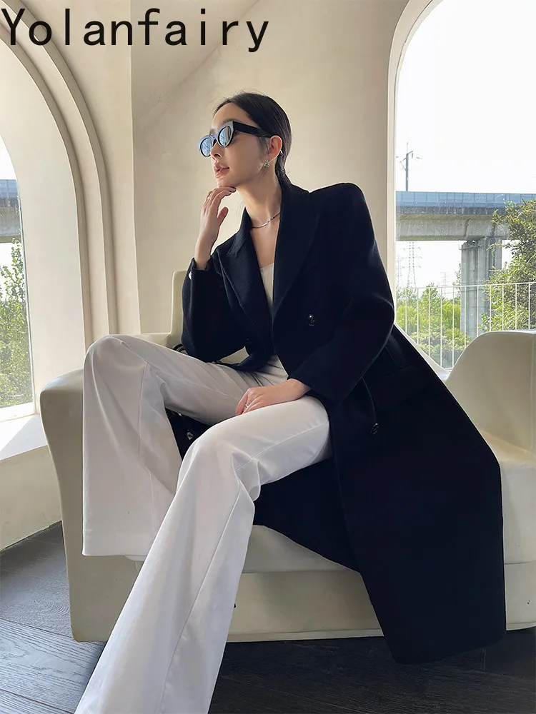 YOLANFAIRY High-end Double-faced Cashmere Coat Women Winter Elegant 82% Wool Jacket for Woman Real Silk Clothes Autumn Winter