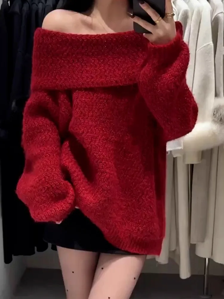

Laid-ba Red One-oulder Sweater Women's Loose Autumn Winter Knitted Top Aosphere Feeling Exposure oulder Faion Sle