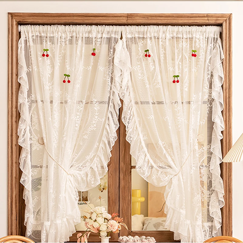 

1 Panel French White Lace Gauze Curtain For Living Room Bedroom, Cute Cherry Kitchen Short Curtain, Window Home Sheer Curtain