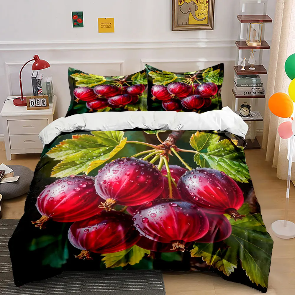 Red berries with water droplets Bedding Set for Kids Luxury Gift 3pcs Digital Print Comforter Set Soft Comfortable Breathable