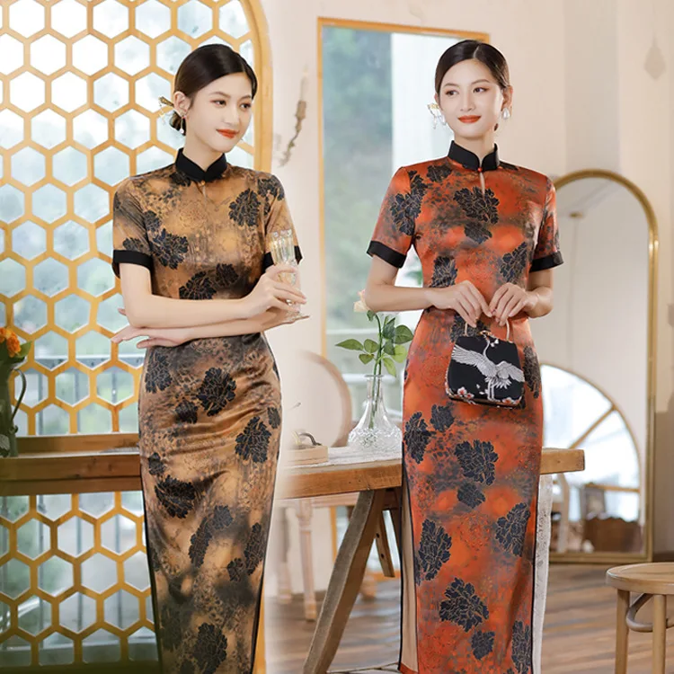 

2024 Autumn New Cheongsam Women's Elegant Qipao Satin Chinese Style Dress Vintage Mandarin Collar Qipao Sexy Vestidos