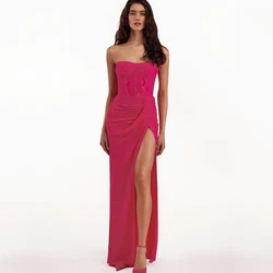 New sexy rose red Breast wrapping dress, women's slim fitting temperament pleated asymmetrical split hem party dress long style