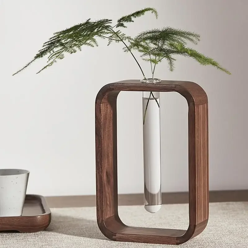 Holz Hydro ponik Vasen transparentes Glas Reagenzglas Blumenvase Topf Holzrahmen Glasvase Tischplatte Pflanzen Home Office Dekor