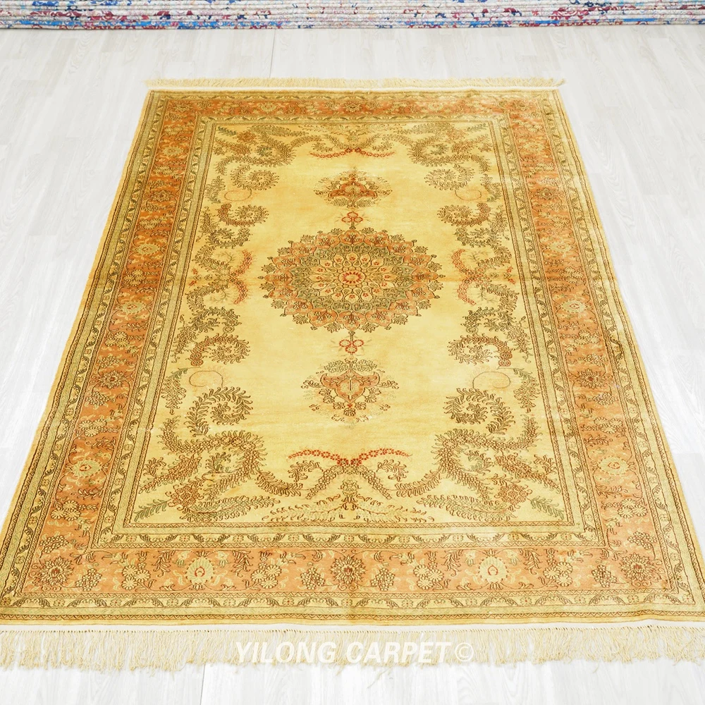 152x244cm Hereke Silk Rug Beige Vantage Hand Knotted Traditional Antique Oriental Carpet (WY385M)