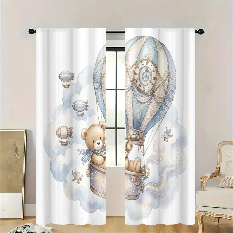 Whimsical Teddy Bear Hot Air Balloon Window Curtains Watercolor Nursery Decor Drapes Kids Room Storybook Print Window Treatment