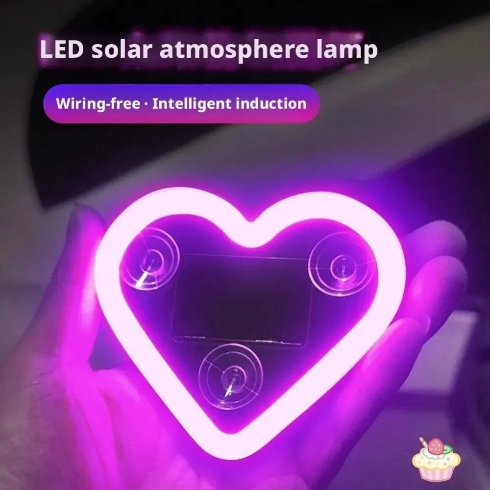 Heart Shaped Car Ambient Light Glowing Solar/USB-C Rechargeable Led Atmosphere Light Suction Cup Neon Lamp
