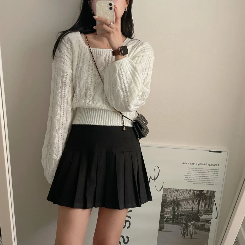 Maglieria con maniche a lanterna da donna nuova autunno/inverno elegante maglione pullover con collo quadrato tinta unita maglione casual a maniche lunghe