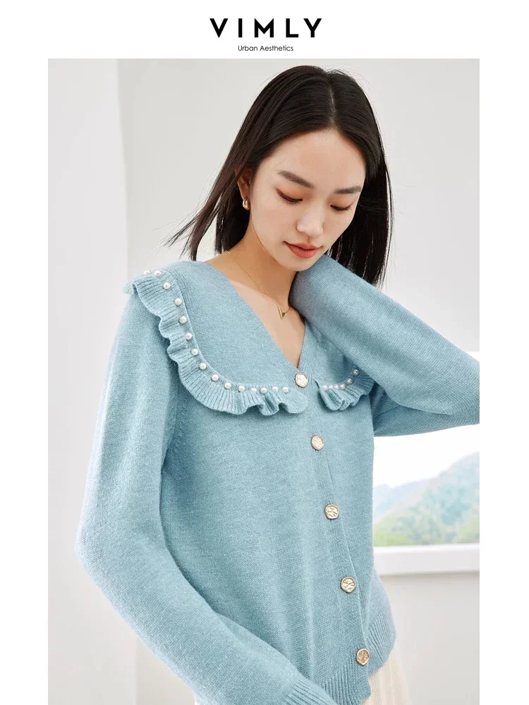 Vimly Autumn Knitted Cardigan Elegant Ruffle V-neck Long Sleeve Woman Sweater 2023 Fall Casual High Strecth Knitwear Women 72557