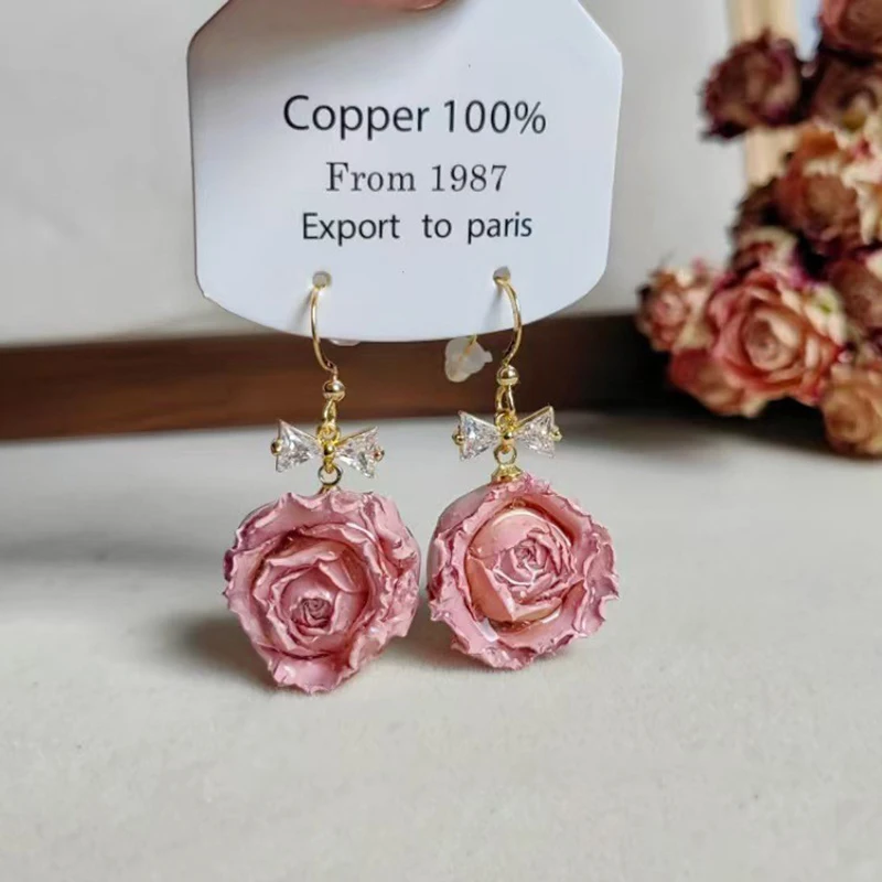 Immortal Flower Series Elegant Earrings Unique Natural Rose Flower Earrings Dried Rose Floral Jewelry Wholesale Custom Packaging