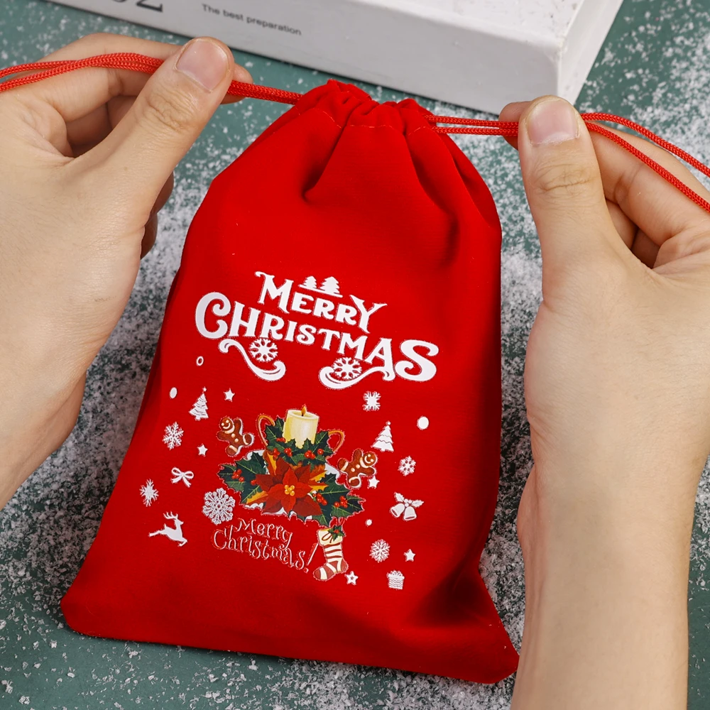 10/1pcs Merry Christmas Velvet Bags Candy Snack Drawstring Pouch Wrapping Bag Xmas Gifts Bracelet Jewelry Packaging Storage Bags