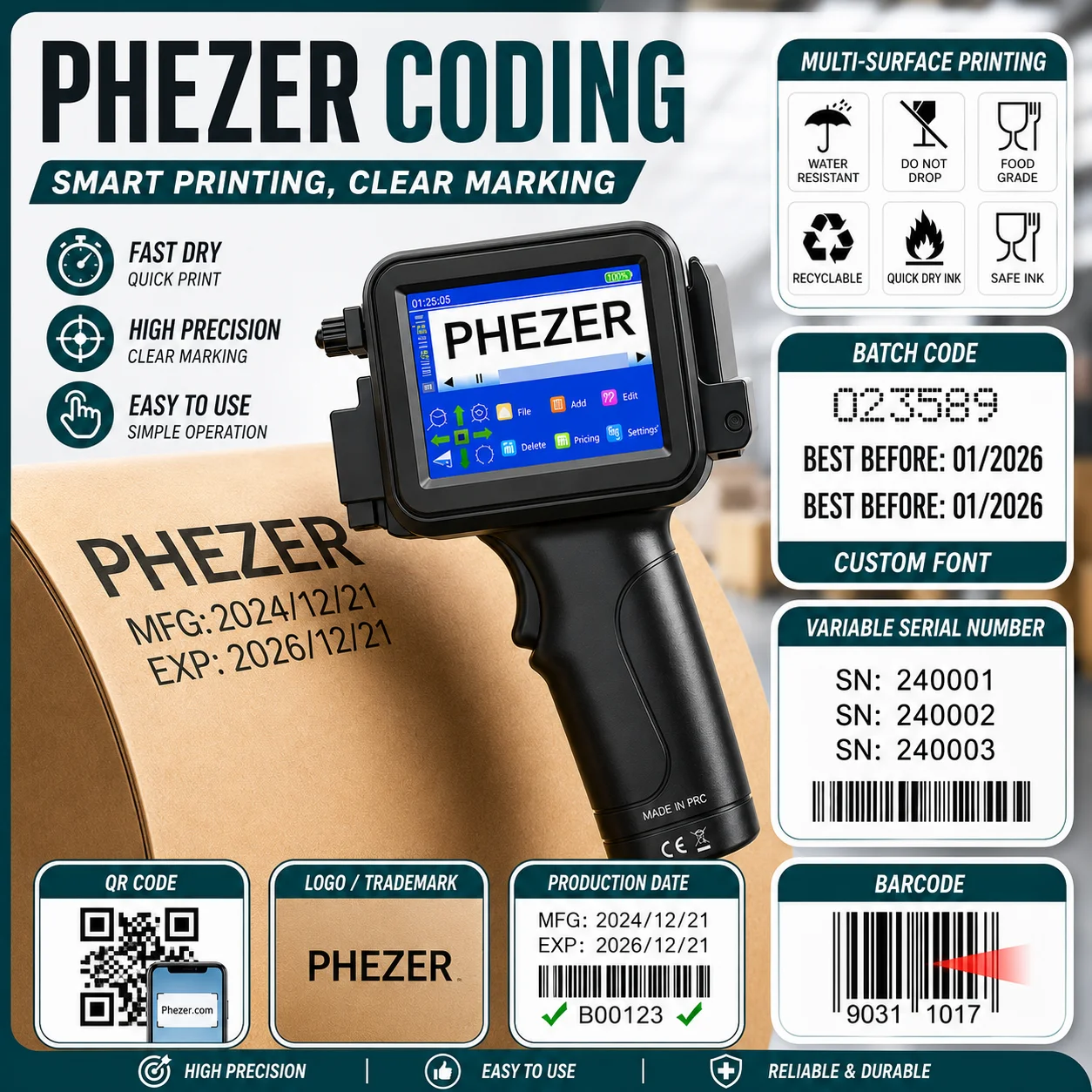 Phezer PC16plus Handheld Inkjet Printer 12.7mm Mini Portable Labeler QR Bar Code Expiry Date Batch Number Fast Coding Machine