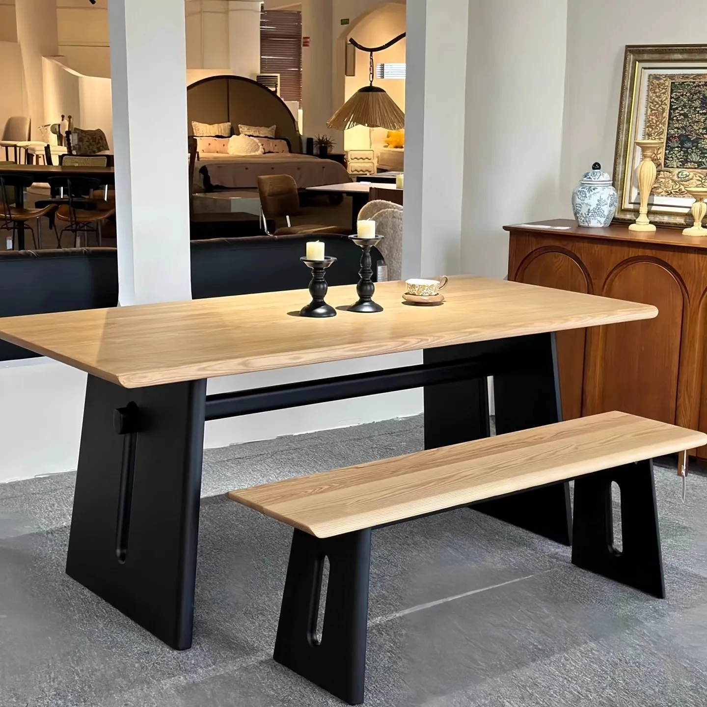 Solid wood dining table and chairs rectangular log color household dining table small apartment designer conference table
