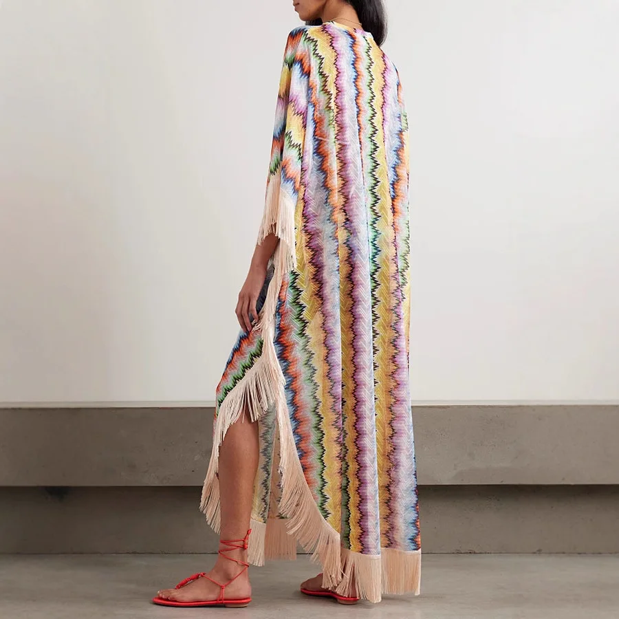 Women's Boho Dress Flowy Tunic Maxi Dresses with Tassel Sleeve Spring Summer