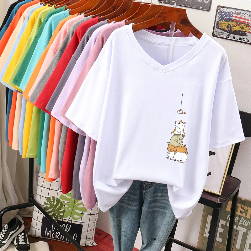 Extra Large Size Pure Cotton Short Sleeve V-Neck T-Shirt Women's Loose Thin Summer Fashion plus Size Belly Cover Slimming Top