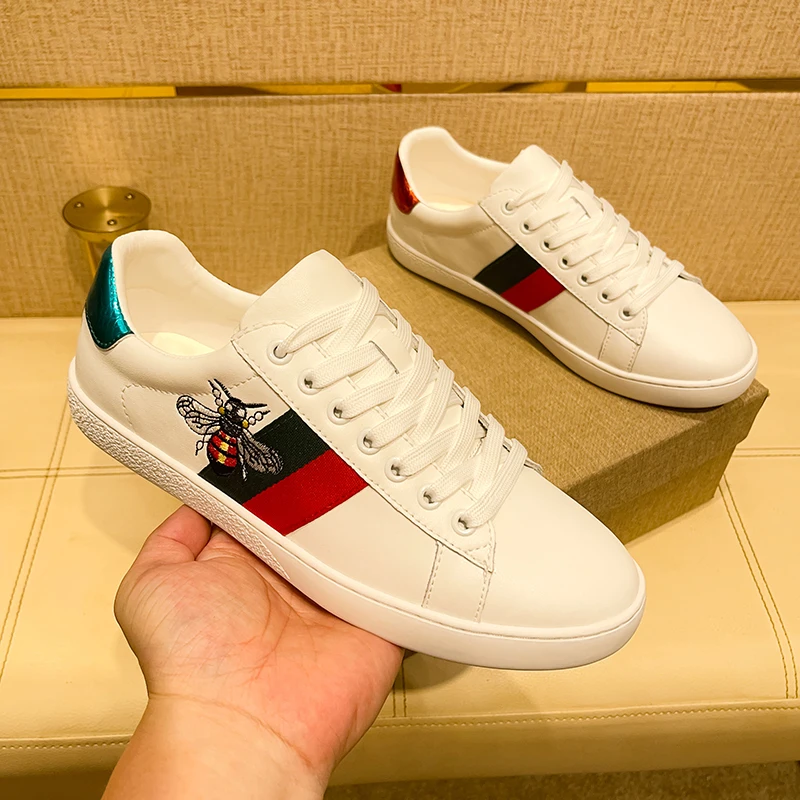 

Брендовые кроссовки с вышивкой пчелы, мужские высококачественные повседневные кожаные прогулочные туфли на плоской подошве, роскошный дизайн, оригинальная мужская обувь для скейтборда