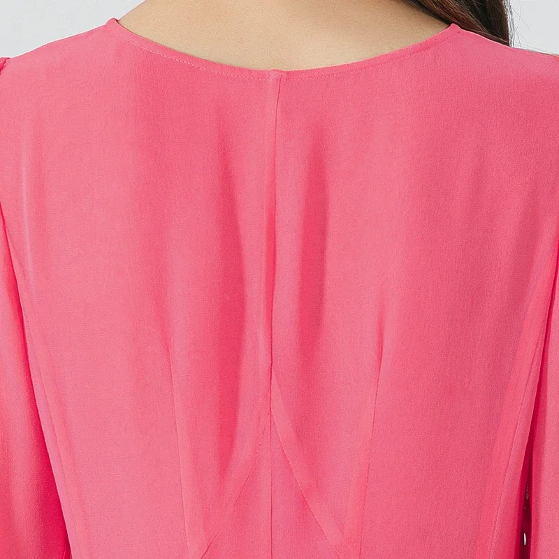 Voa pêssego rosa dupla camada georgette seda o pescoço lanterna mangas compridas vestido babados doce maxi vestidos para mulher outono ae1718