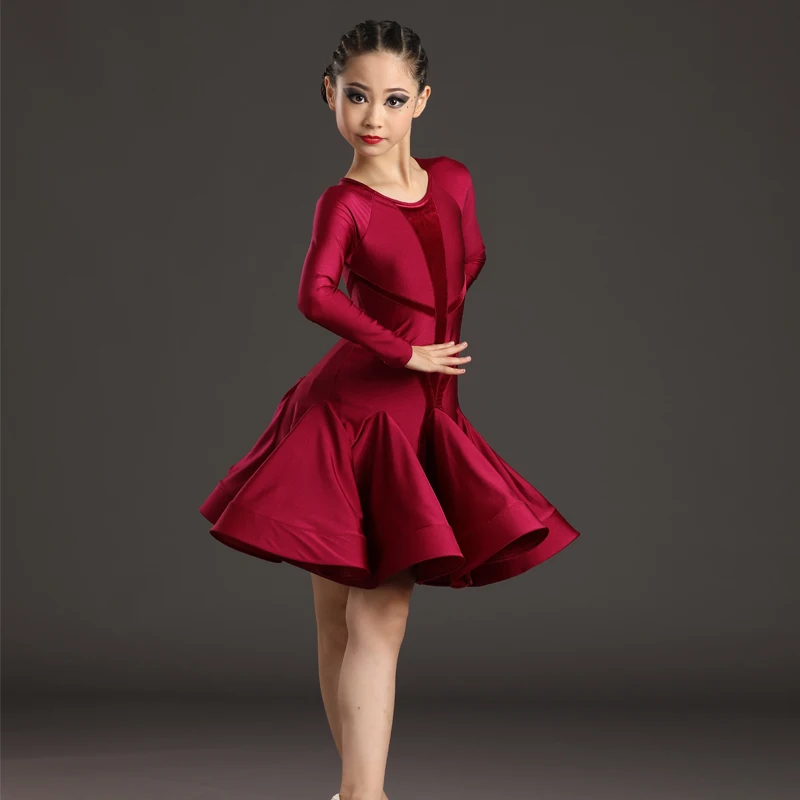 Children\'S Latin Dance Costume For Girls Ballroom Dance Professional Clothes Long Sleeved Latin Dance Dress Practice Wear SL8494