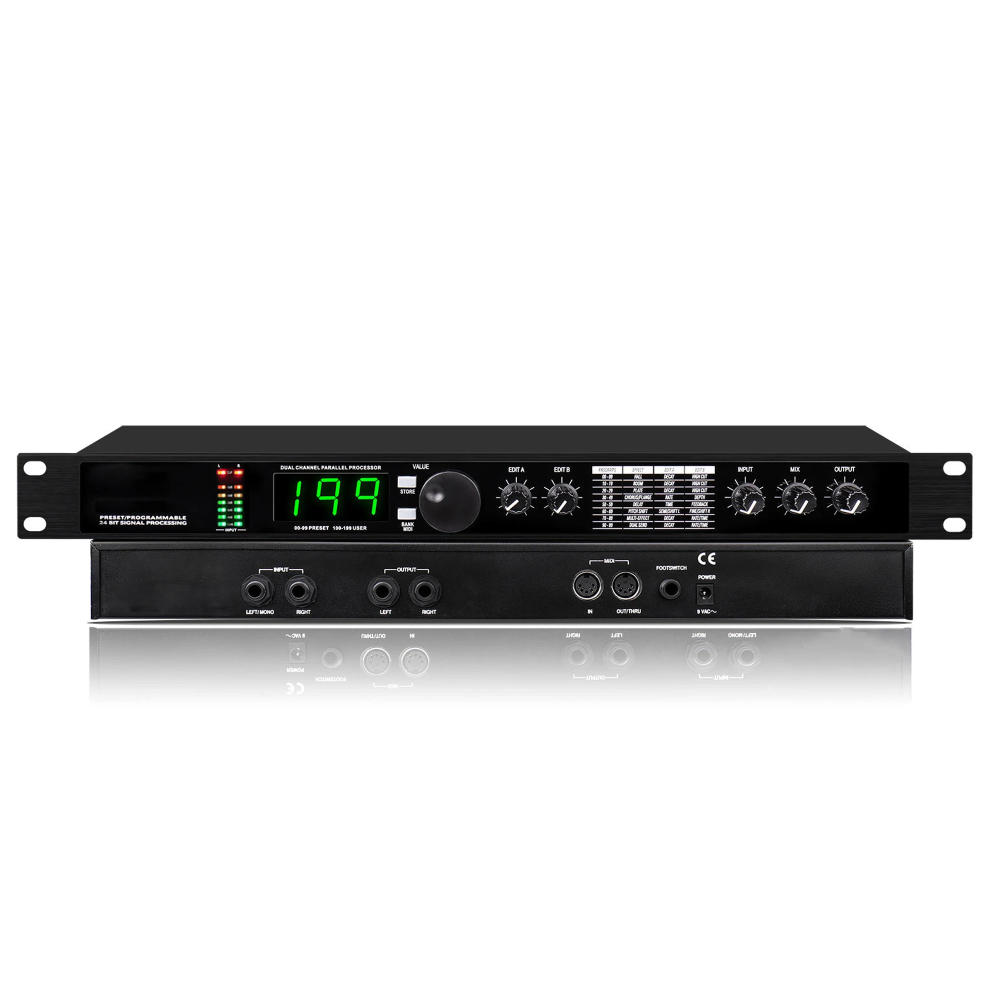Professional 4II Digital Reverb Multi-Effect DSP Audio Processor 200 Programs Equalizer XLR Inputs/Outputs Metal for Vocal Use