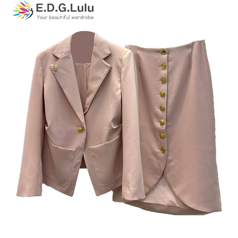 EDGLuLu Two Piece Outfits Woman Turn-Down Collar Long Sleeved Slim Fit Jacket+High Waisted Single Breasted Skirt Pink Suit 0927