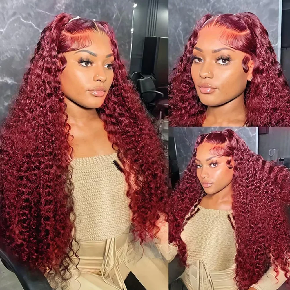 99J 13x4 13x6 HD Lace Burgundy Deep Wave Wigs Frontal 100% Human Hair 200 Density Wigs Red Curly Wigs 30 36 Inch For Women