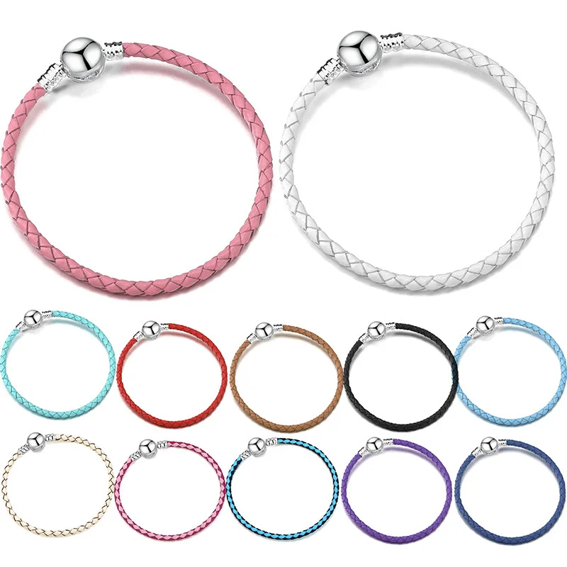 

2024 New 925 Silver Plated Round Buckle Leather Rope Basic Chain Charms Bracelet For Women Girl's Boy Men DIY Jewelry GIfts