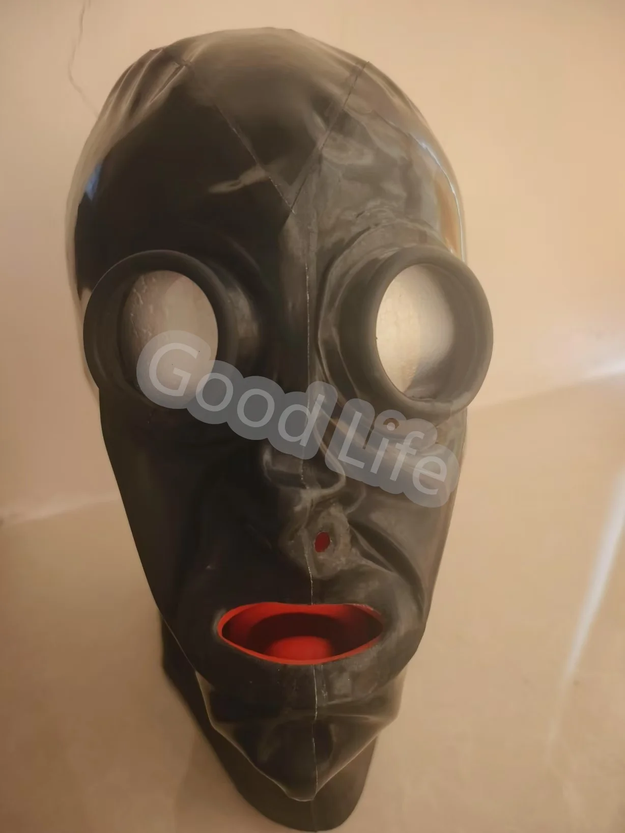 

Черный латексный капюшон ручной работы Резиновая маска с прозрачными ПВХ глазами Фетиш-капюшон с красной заглушкой для рта Нос Короткая трубка Задняя молния