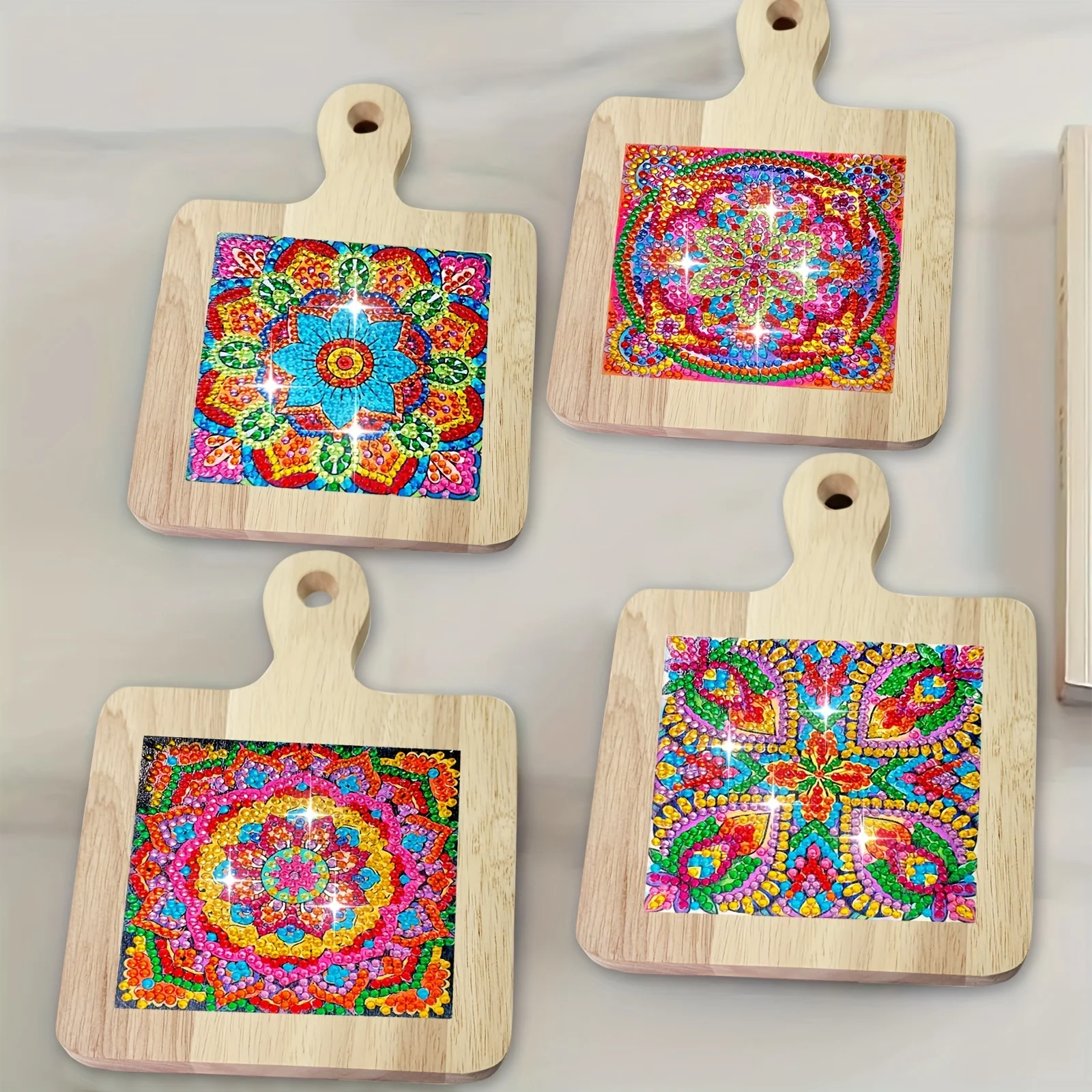 4 قطعة الوقايات كأس اللوحة الماسية خشبية ملونة ماندالا نمط مقاومة للحرارة شرب الحصير ديكور مطبخ المنزل فريد اليدوية #5