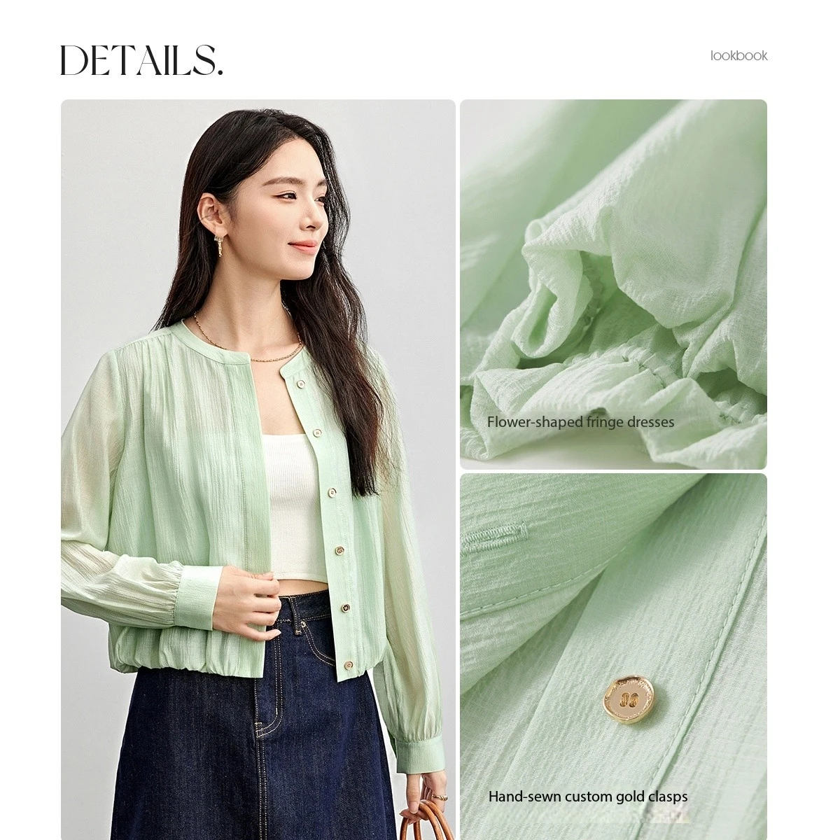 SENTUBILA Women Lyocell Green Shirt 2025 Spring Casual Cozy Straight Crewneck Long Sleeve Button Up Shirts & Blouses 151W57977
