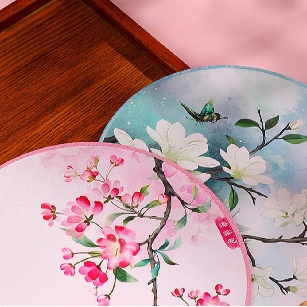 Silk Material Chinese Round Hand Fan Embroidery Design Long Handle Vintage Printing Silk Fan Round Shape Ink Painting