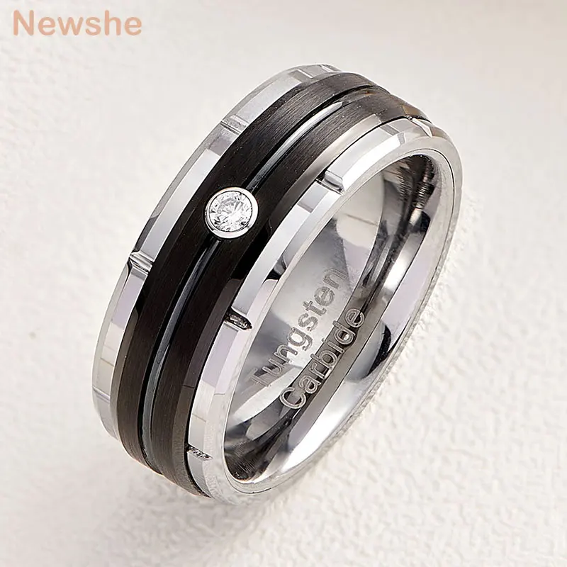 Newshe Black Rose White Gold Color Men's Wedding Band 8mm Matte Brushed Tungsten Rings for Him Cubic Zircon Size 8-13