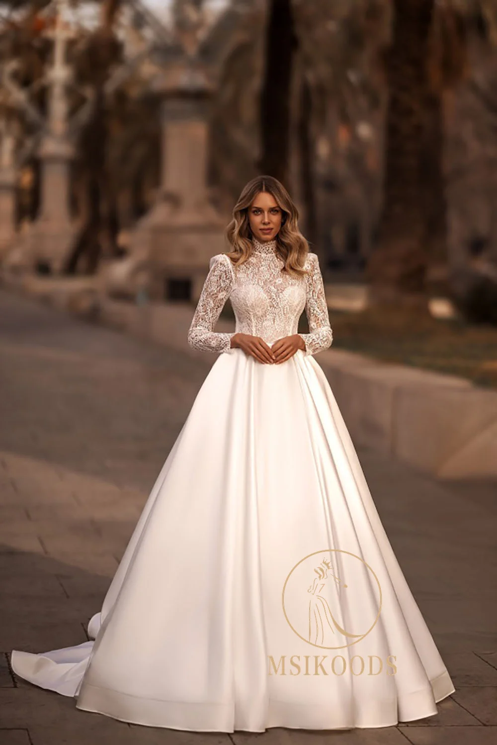 Msikoods Gaun Pengantin Lengan Panjang Renda Gaun Pengantin Elegan Leher Tinggi 2025 Gaun Pengantin Sederhana Antik Wanita Satin Disesuaikan