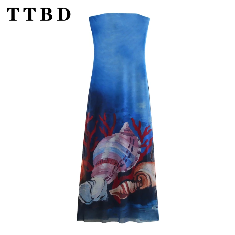 TTBD 2024 Summer Wear New Women's Shell Print Fashion Trend Dress Sleeveless Long Pattern Casual Dress