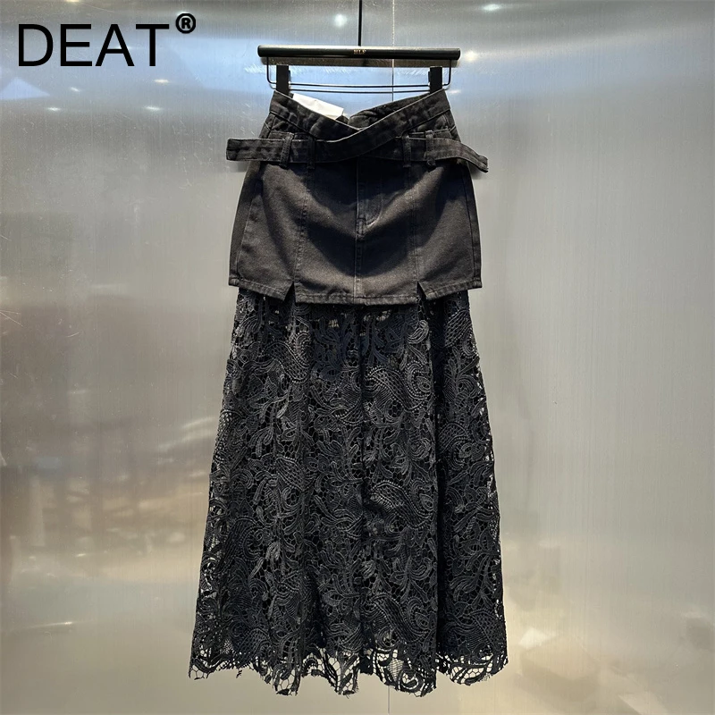 DEAT Women's Fashion Contrast Color Mesh Patchwork Denim Skirts Spring New Trendy Hook Flower Belt Skirt Female 11A02491