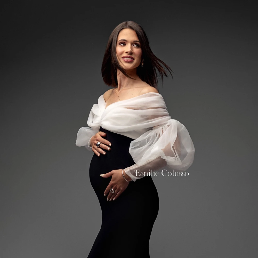Elegant Off Shoulder Maternity Gown Puff Sleeve Photo Shoot Dress Studio Props Luxury Split Maxi Pregnancy Photography Clothes