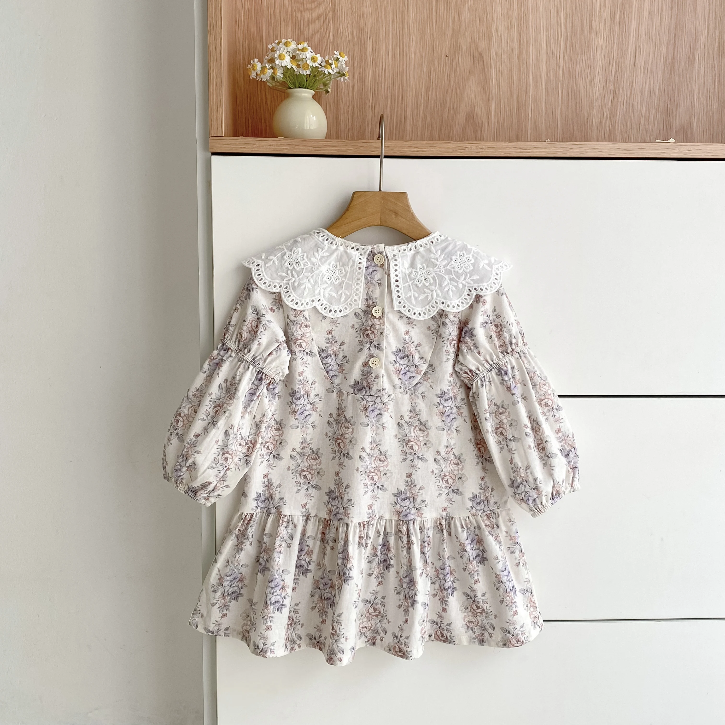 Herbst Blume Französisch Kontrast Revers Stil Mädchen Kleid Frühling Baby Kinder Lange Ärmeln Reine Baumwolle Spitze Süße Prinzessin Kleid – Detail 1