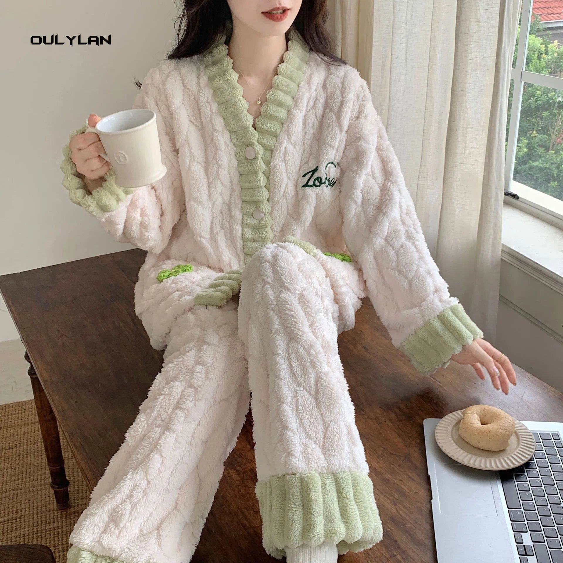 Fashion Pajama Set Women Sweet Cardigan Pants Sleepwear Solid Students Casual Homewear All-match Winter Thicken Warm Female