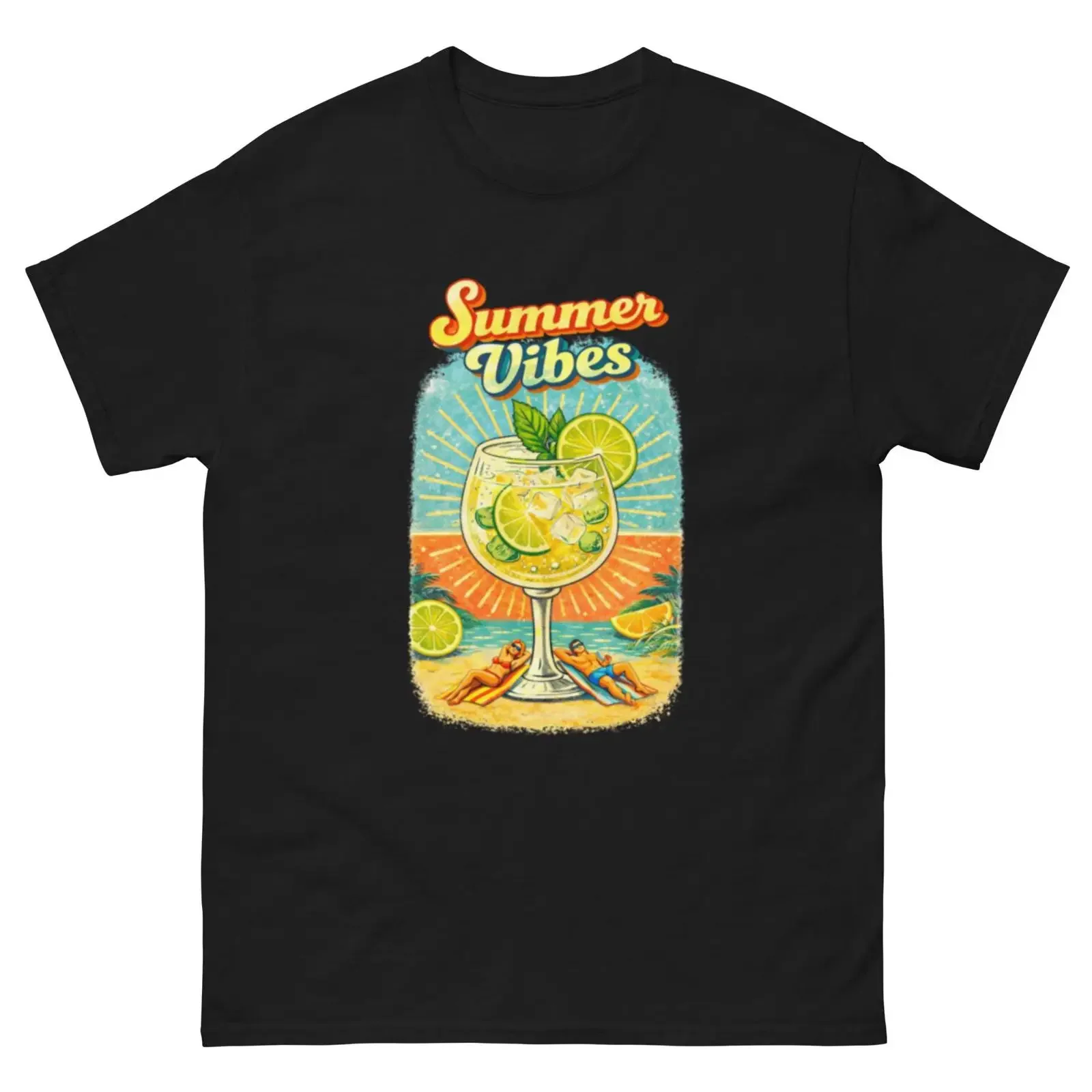 Retro Summer Vibes Gin Tonic Beach T Shirt Tropical Cocktail  vintage Washed Slightly homme graphic Casual Breathable Soft