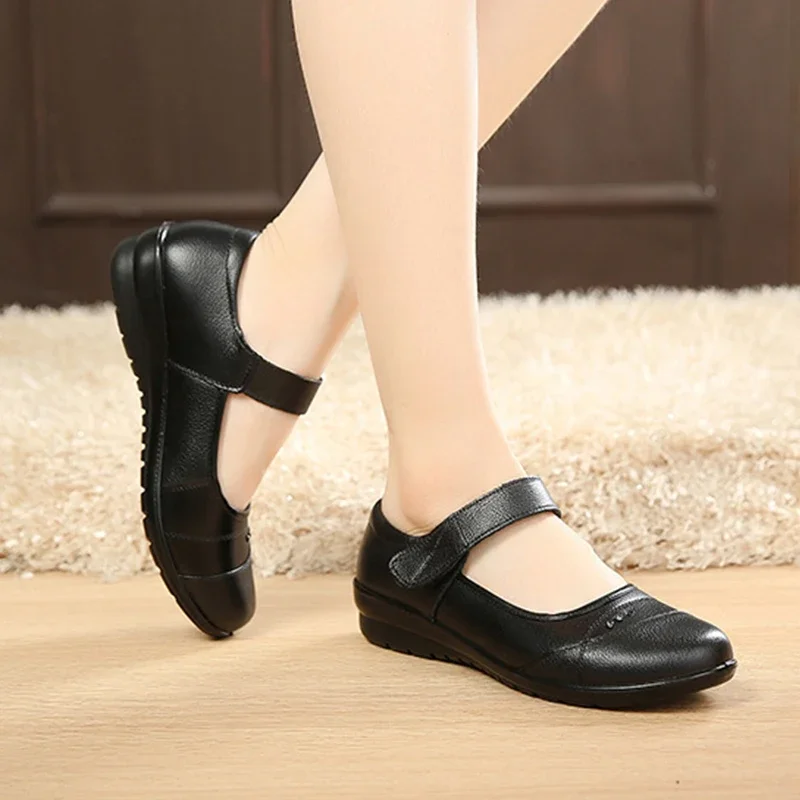 Leather Women Mary Jane shoes ankle strap round toe slip on breathable comfortable office career party work dress shoes