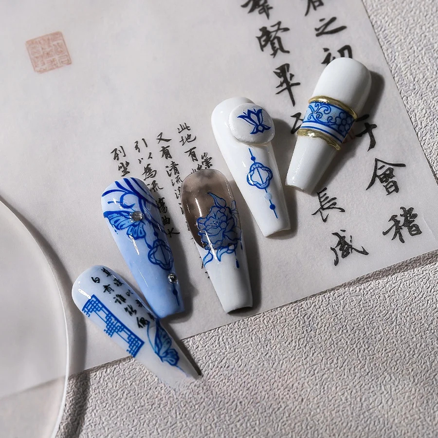 1piece 5D nail sticker high quality blue butterfly cheongsam porcelain bottle jade pendant design self-adhesive nail art sticker