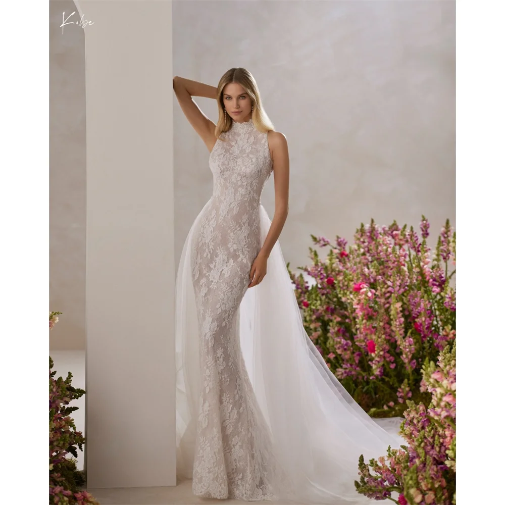 

Kobe Lace Collar Cut-out Long Trailing Mermaid Wedding Dresses Embroidery vestidos de noche Sleeveless Formal Evening Customized