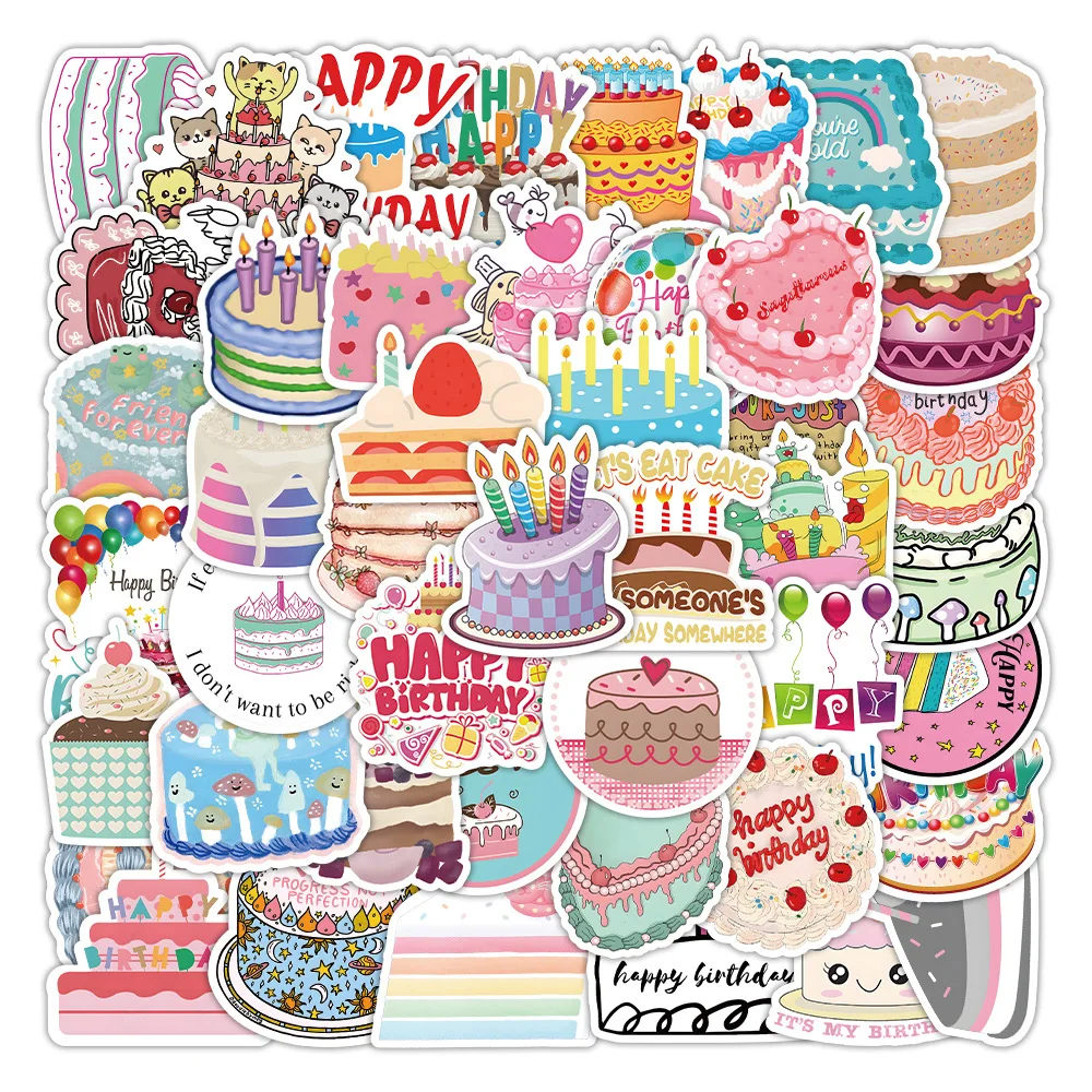 

50pcs Ins Birthday Cake Cartoon Sticker Helmet Laptop Phone Luggage Car Notebook Waterproof Kids Toys Diy Decorative Stickers
