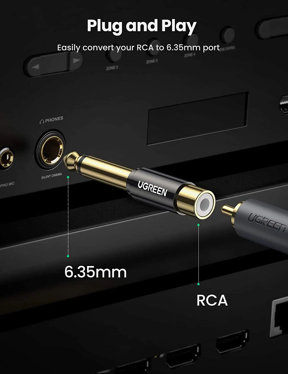 UGREEN RCA - 1/4インチアダプター、6.35mm - RCAジャックステレオオーディオ、1/4インチオス - RCAメスTSジャックプラグ