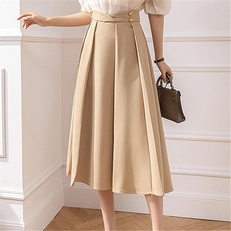 

Seoulish 2024 Autumn New Pleated Skirts for Women Elegant Vintage Solid Color Buttons High Waist A-line Umbrella Skirts Female
