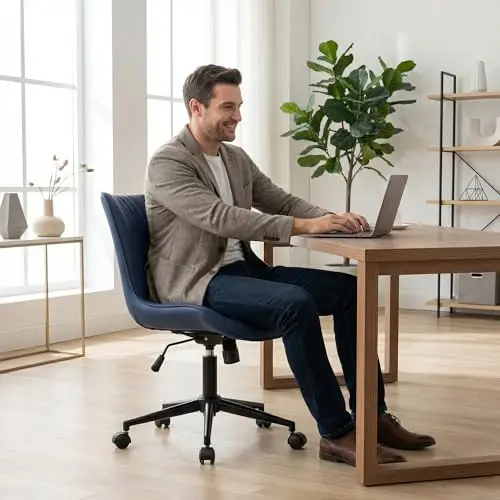 Blue Faux Leather Armless Swivel Office Chair With Adjustable Height, Rolling Wheels, 300 Lbs Capacity Metal Base For Home Desk