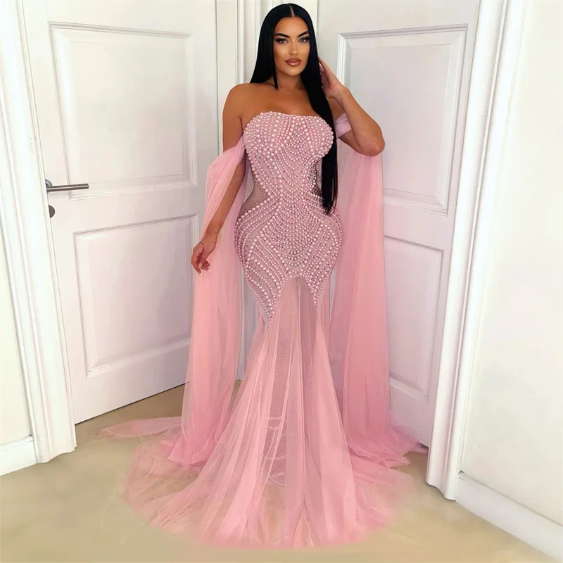 

Women Strapless Pearls Beading Rhinestone Mesh Bodycon Long Party Dresses Sexy Mesh Sleeve Evening Prom Celebrity Mermaid Dress