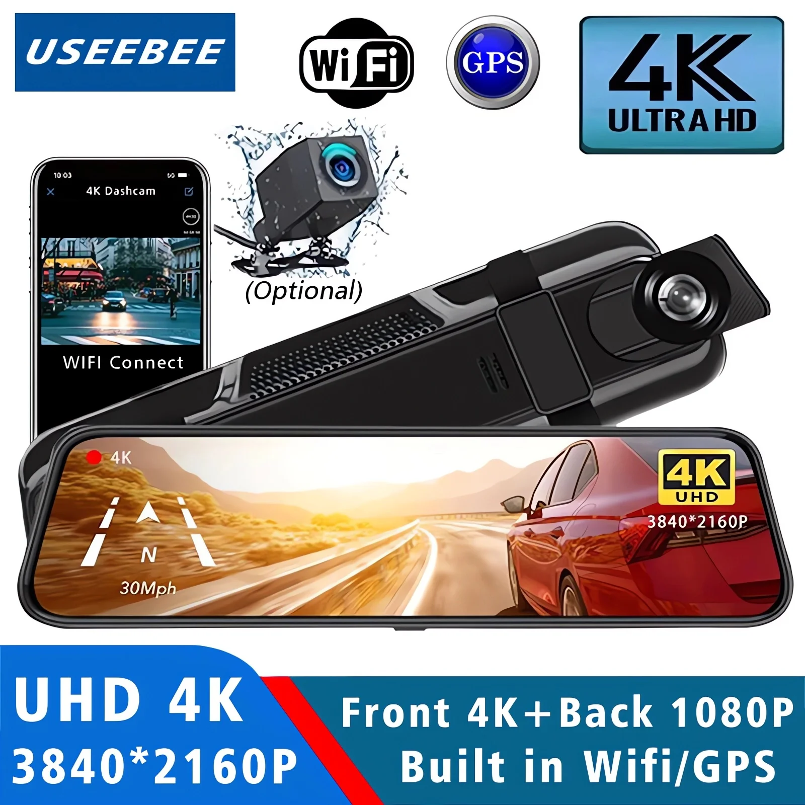 

10-дюймовый видеорегистратор 4K 2160P, Wi-Fi, GPS, автомобильный видеорегистратор, двойной объектив, видеорегистратор, потоковое зеркало заднего вида, IPS, видеорегистратор, камера регистрации